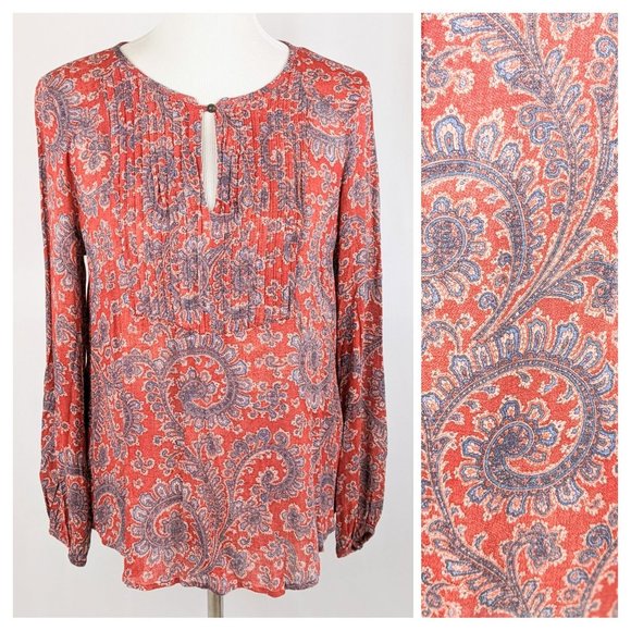 Maroon Paisley Print Peasant Blouse Flowy Pleated Casual Top Balloon Sleeves - Picture 1 of 9